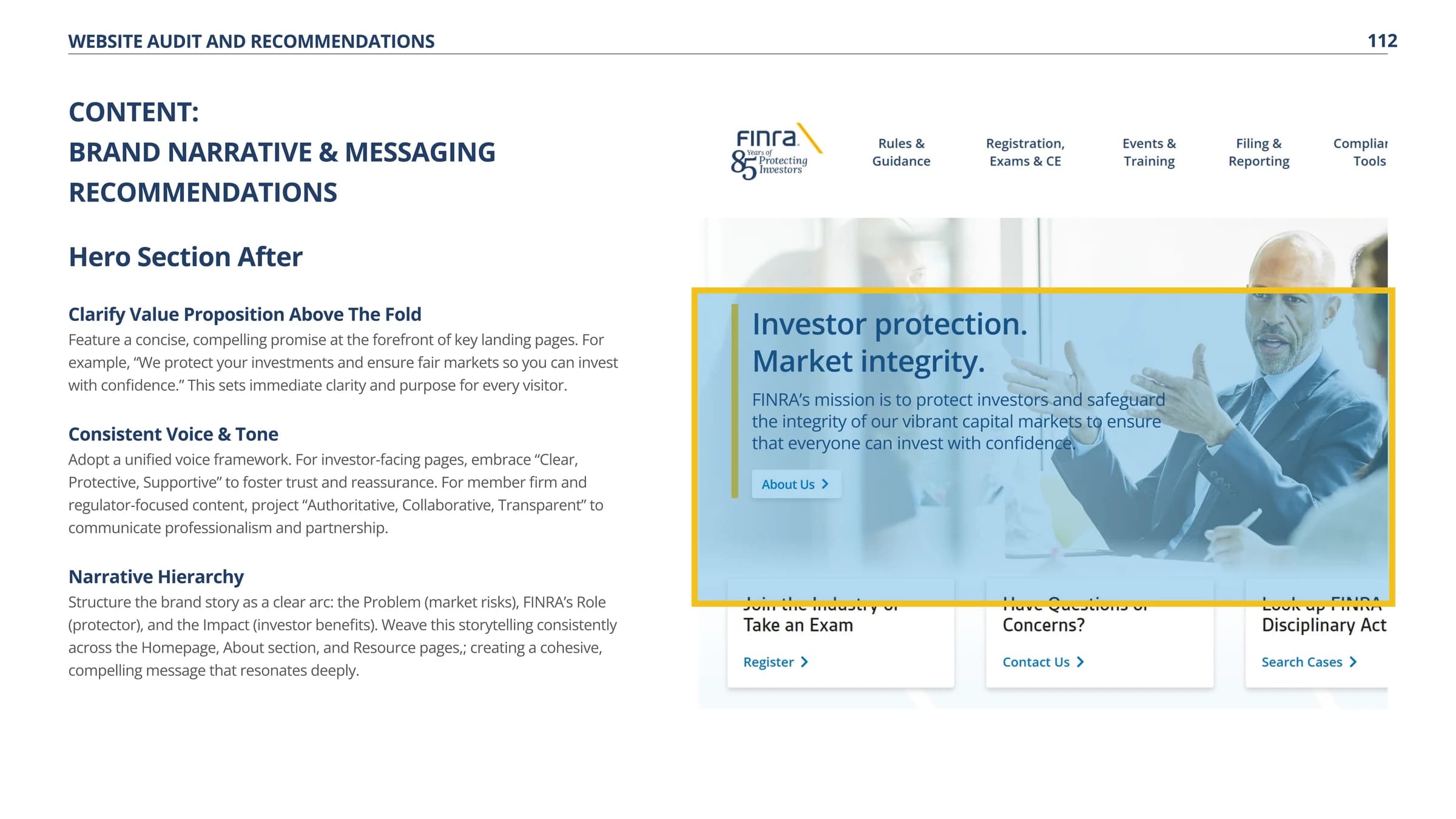 Annotated FINRA.com homepage recommendation: value proposition above the fold, highlighted hero section