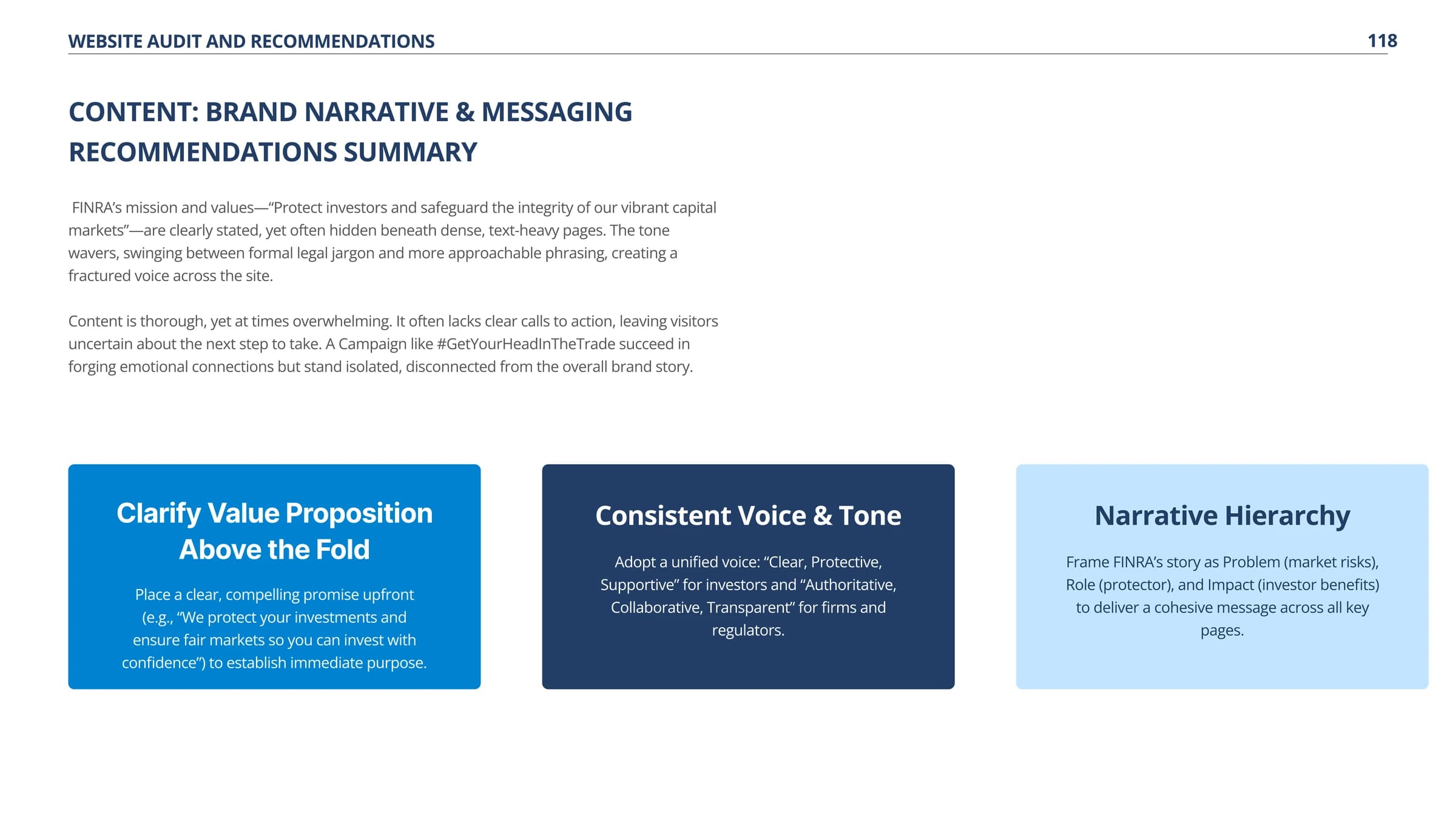 Content recommendations summary: clarify value proposition above the fold, consistent voice and tone, narrative hierarchy