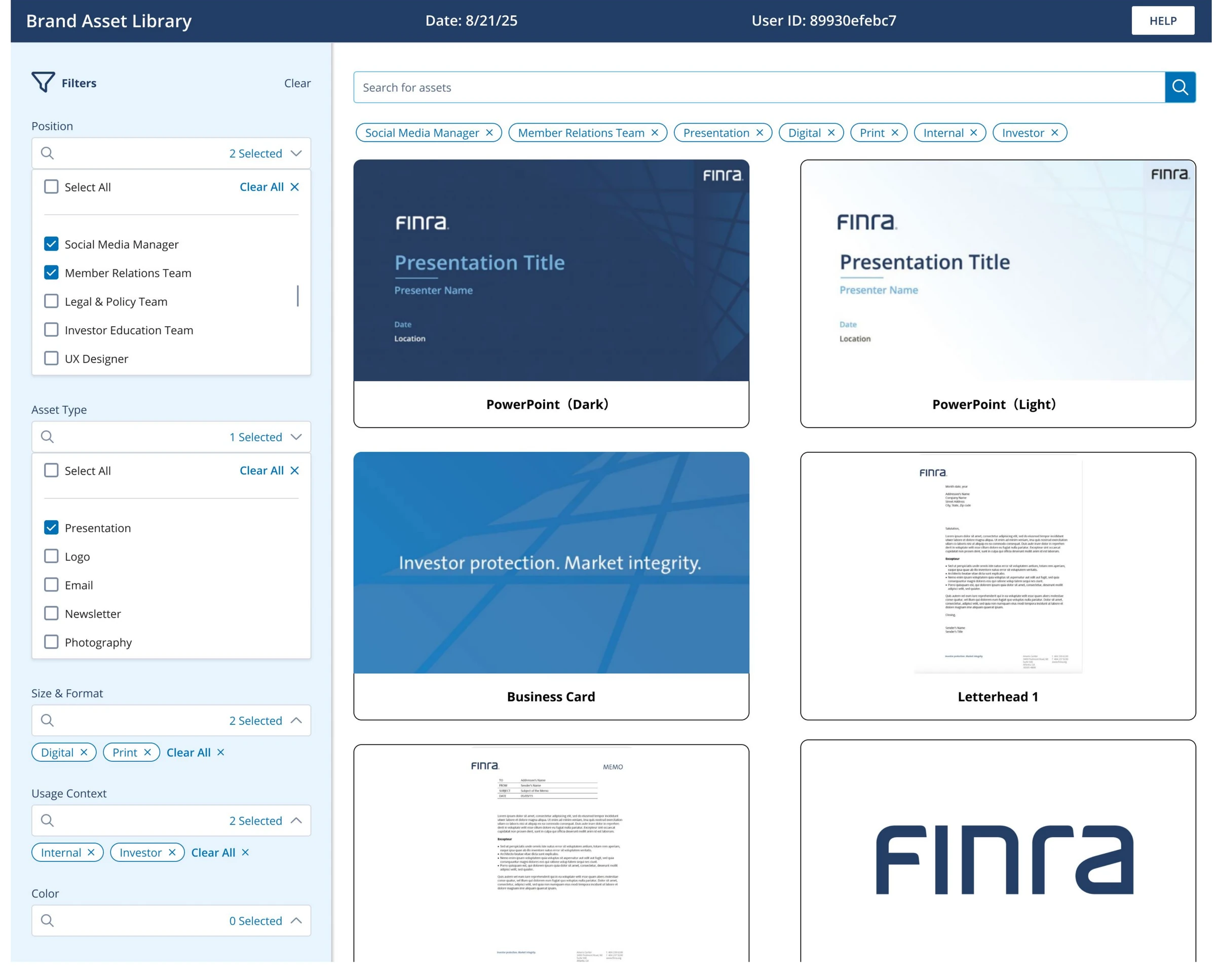 Brand asset library portal mockup with filters by position, asset type and usage context